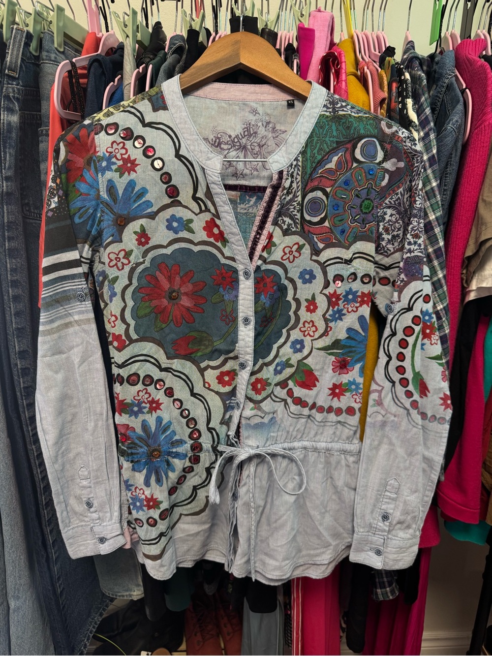 Desigual Mixed Print Drawstring Waist Button-Down Blouse